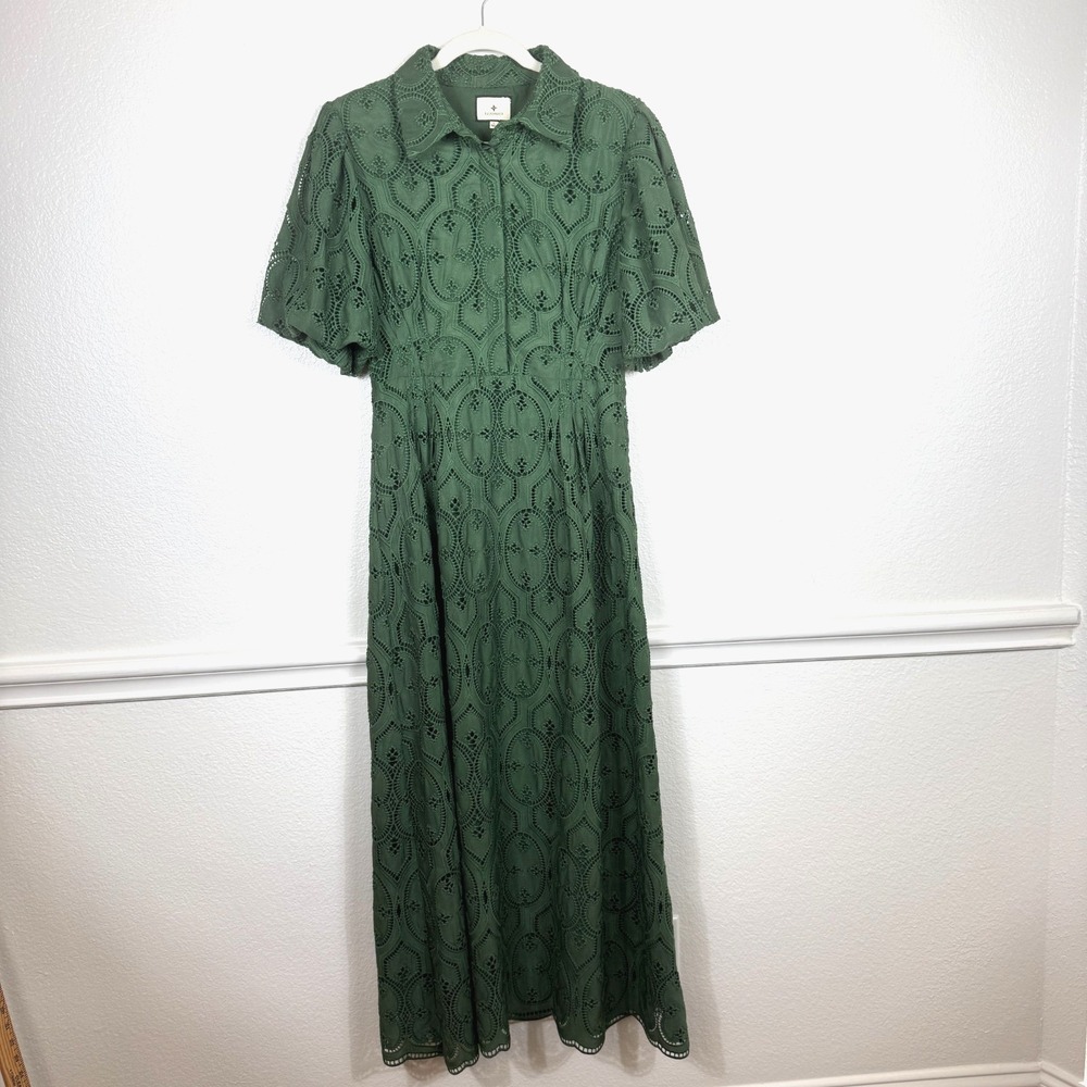 Tuckernuck Olive Eyelet Delaney Dress Women's Green MSRP $289 Sz L Short Sleeve